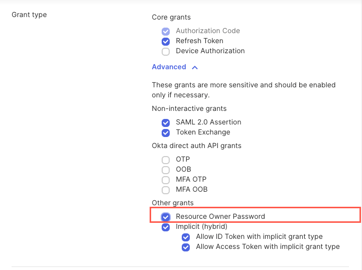 Screenshot of authentication grant types in a configuration menu, highlighting 'Resource Owner Password' under other grants with selected options for core and non-interactive grants.